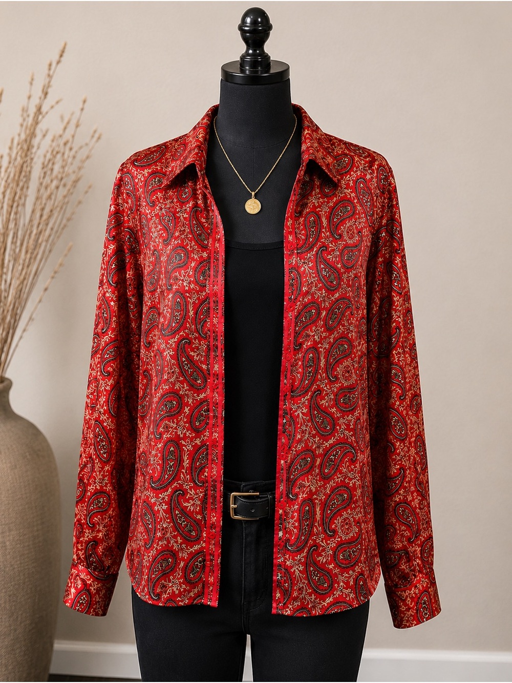 Covington Red Paisley‎ Blouse Jacket Women’s Size 18 Faux Button Open Front